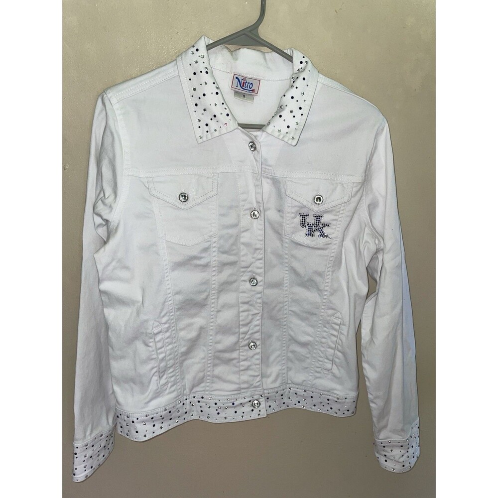 Nitro USA University of Kentucky White Rhinestone Jean Jacket Size S UK Wildcats
